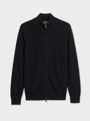 Herren Kaschmir Strickjacke in Schwarz mit durchgehendem Reißverschluss und Stehkragen, flach liegend von vorne