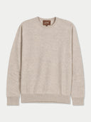 Herren Kaschmir Pullover in natural beige mit Rundhalsausschnitt und Rippabschlüssen, Vorderansicht als Flatlay