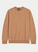 Herren Kaschmirpullover mit Rundhalsausschnitt in Warm Brown, Vorderansicht flach liegend mit Rippabschlüssen