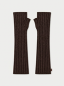 Fingerlose Kaschmir Handschuhe in Mole Brown, langer Rippstrick mit Daumenöffnung, flach liegend von vorn