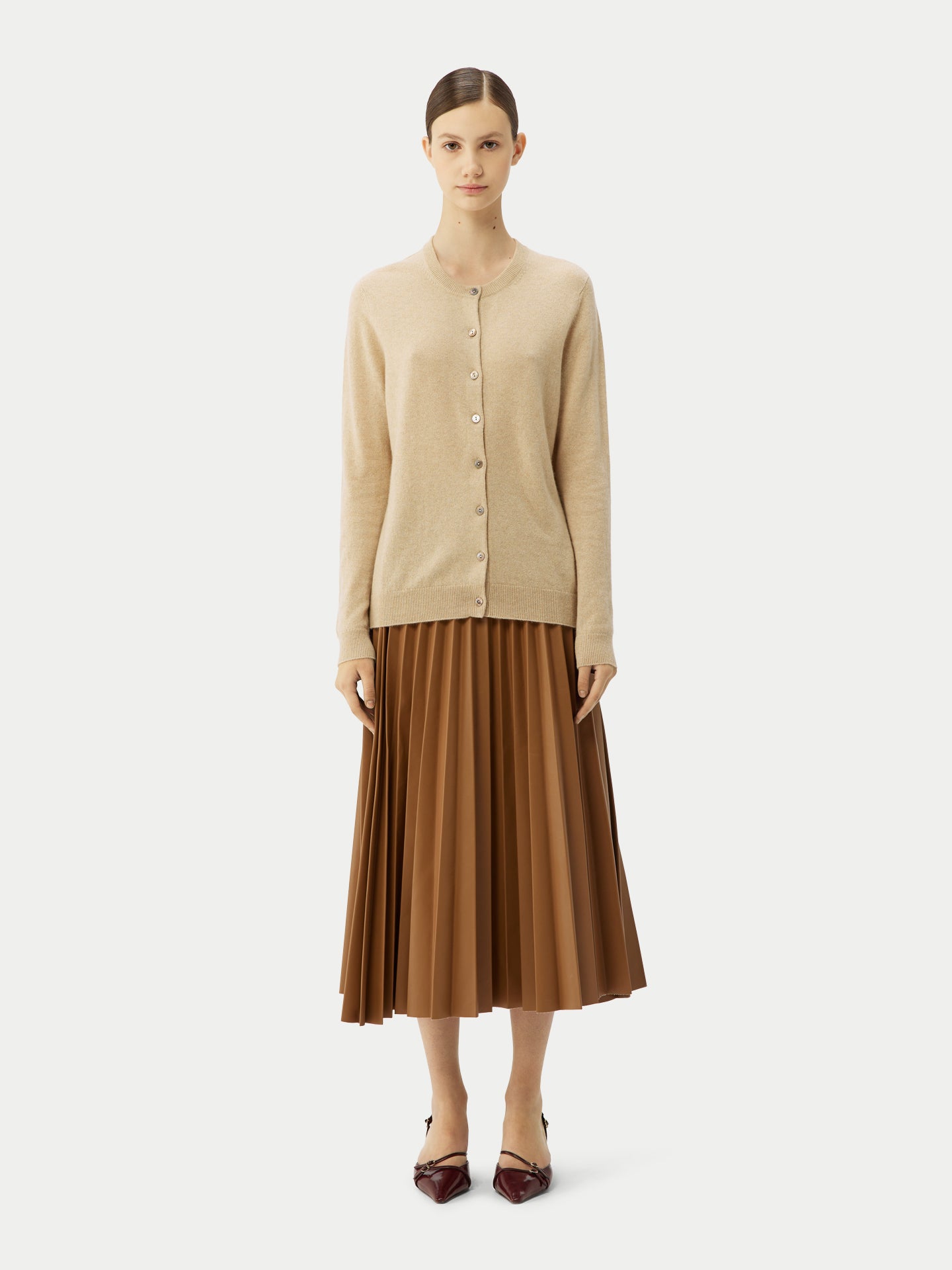 Naturfarbe R-Ausschnitt Kaschmirstrickjacke