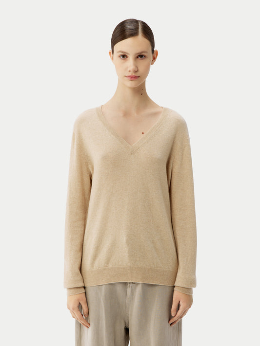 Naturfarbe Basic V-Ausschnitt Kaschmirpullover