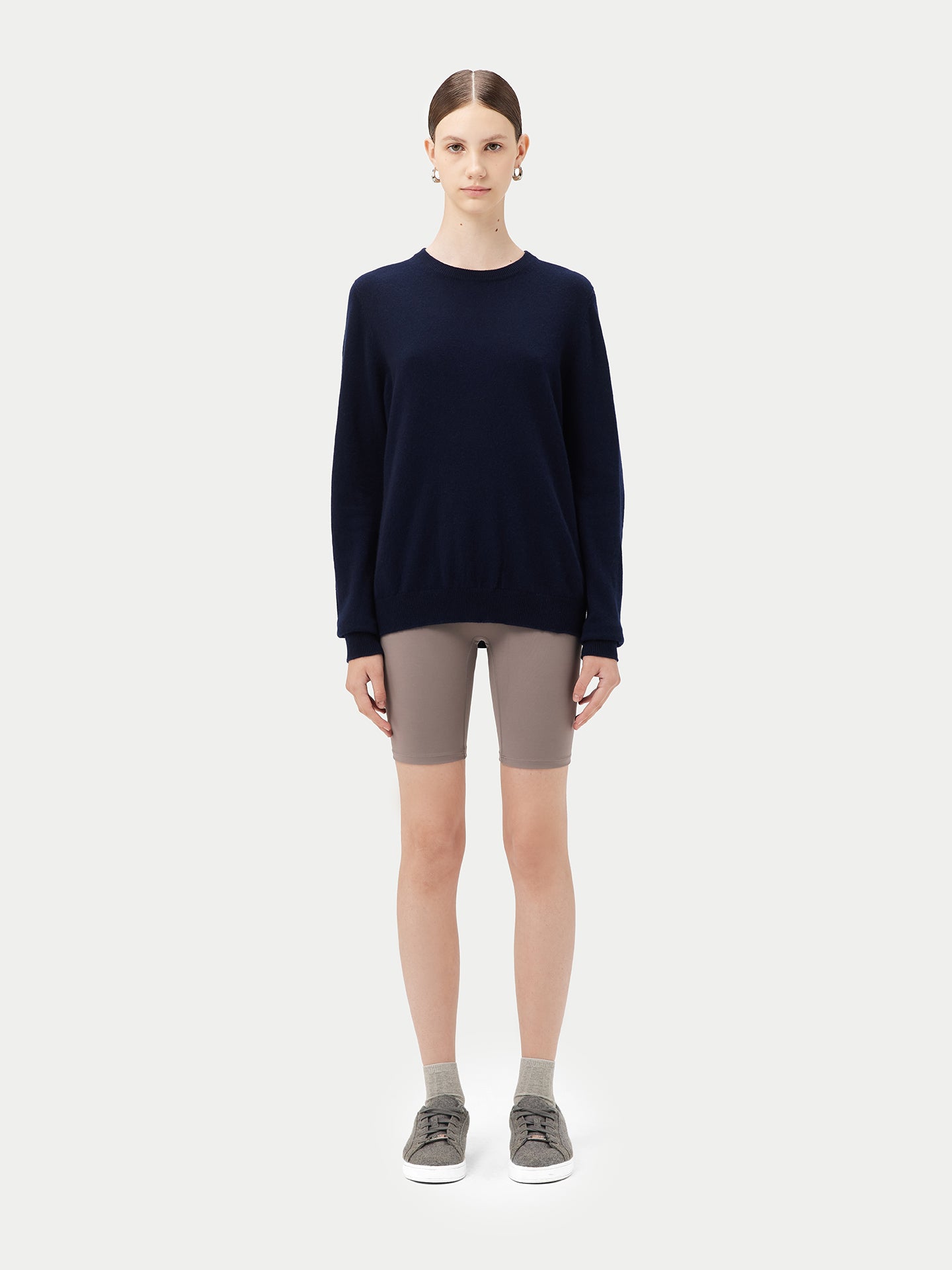 Damen Kaschmir Basic R-Ausschnitt Pullover Marineblau - Gobi Cashmere
