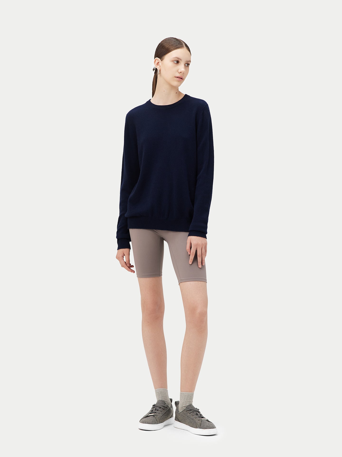 Damen Kaschmir Basic R-Ausschnitt Pullover Marineblau - Gobi Cashmere