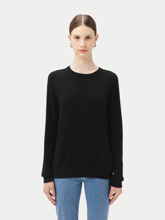 Damen Kaschmir Basic R-Ausschnitt Pullover Schwarz - Gobi Cashmere