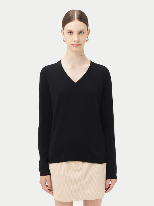 Damen Kaschmir Basic V-Ausschnitt Pullover Schwarz - Gobi Cashmere