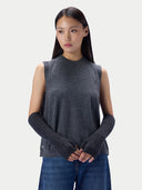A pair of dark gray ribbed knit fingerless arm warmers shown flat against a light gray background.