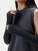 A pair of dark gray ribbed knit fingerless arm warmers shown flat against a light gray background.