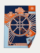 Rückseite in Dunkelblau mit Orange, eine Ecke umgeschlagen zeigt die Soft Blue Innenseite