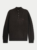 Herren Kaschmir Pullover in Olivbraun mit Zopfmuster, Stehkragen und 3-Knopf-Leiste, Vorderansicht flach