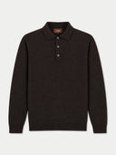 Herren Kaschmir Polopullover in Olive Brown mit spitzem Kragen und kurzer Knopfleiste, Vorderansicht