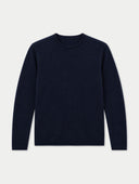Herren Kaschmirpullover mit Rundhals in Navy mit Rollkante, Vorderansicht als Flatlay