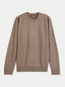 Herren Kaschmirpullover mit Rundhalsausschnitt in Taupe, flach liegend von vorne mit Rippabschlüssen