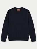 Kaschmirpullover mit Rundhalsausschnitt in Navy, Vorderansicht als Flatlay mit Rippabschlüssen und GOBI Nackenlabel