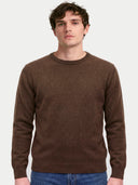 Nahaufnahme des Pullovers in Dark Brown am Model mit Rundhals und feinen Rippabschlüssen an Saum und Ärmeln