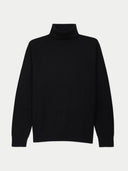 Kaschmir Rollkragenpullover für Herren in Schwarz, Vorderansicht als Flatlay mit hohem Umschlagkragen