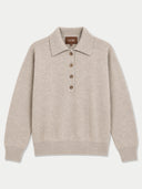 Damen Kaschmir-Polopullover in Naturbeige mit Knopfleiste und geripptem Saum, flach liegend von vorne