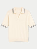 Damen Kaschmir Polopullover in Pure White, gerippt, kurze Ärmel, Kontraststreifen an Kragen und Bündchen, Vorderansicht