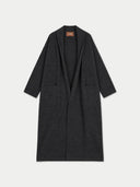 Lange Damen Kaschmir Strickjacke in Charcoal mit Schalkragen, offenem Vorderteil und aufgesetzten Taschen, Vorderansicht