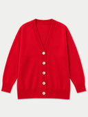Damen Kaschmir Strickjacke in Bright Red mit V-Ausschnitt und sechs Knöpfen, flach liegend von vorne