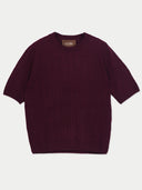 Damen Kaschmir Kurzarmpullover in Zinfandel mit Zopfmuster und Rundhalsausschnitt, flach liegend von vorne