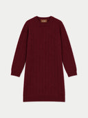 Langer Kaschmir Pullover mit Zopfmuster in Wine Red, Rundhalsausschnitt und Rippbündchen, Vorderansicht flach liegend