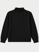 Damen Kaschmir Rollkragenpullover in Schwarz, Vorderansicht als Flatlay mit Rippbündchen an Kragen und Saum