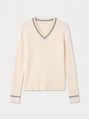 Damen Kaschmir Pullover mit V-Ausschnitt in Pure White, gerippt mit Kontraststreifen, Vorderansicht flach gelegt