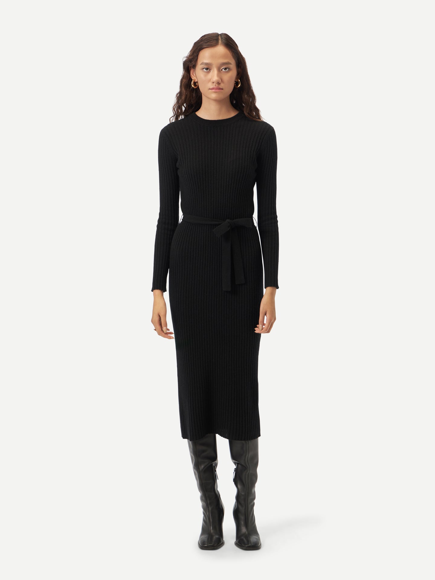 Women's Cashmere Knit Dress with Belt Black - Gobi Cashmere