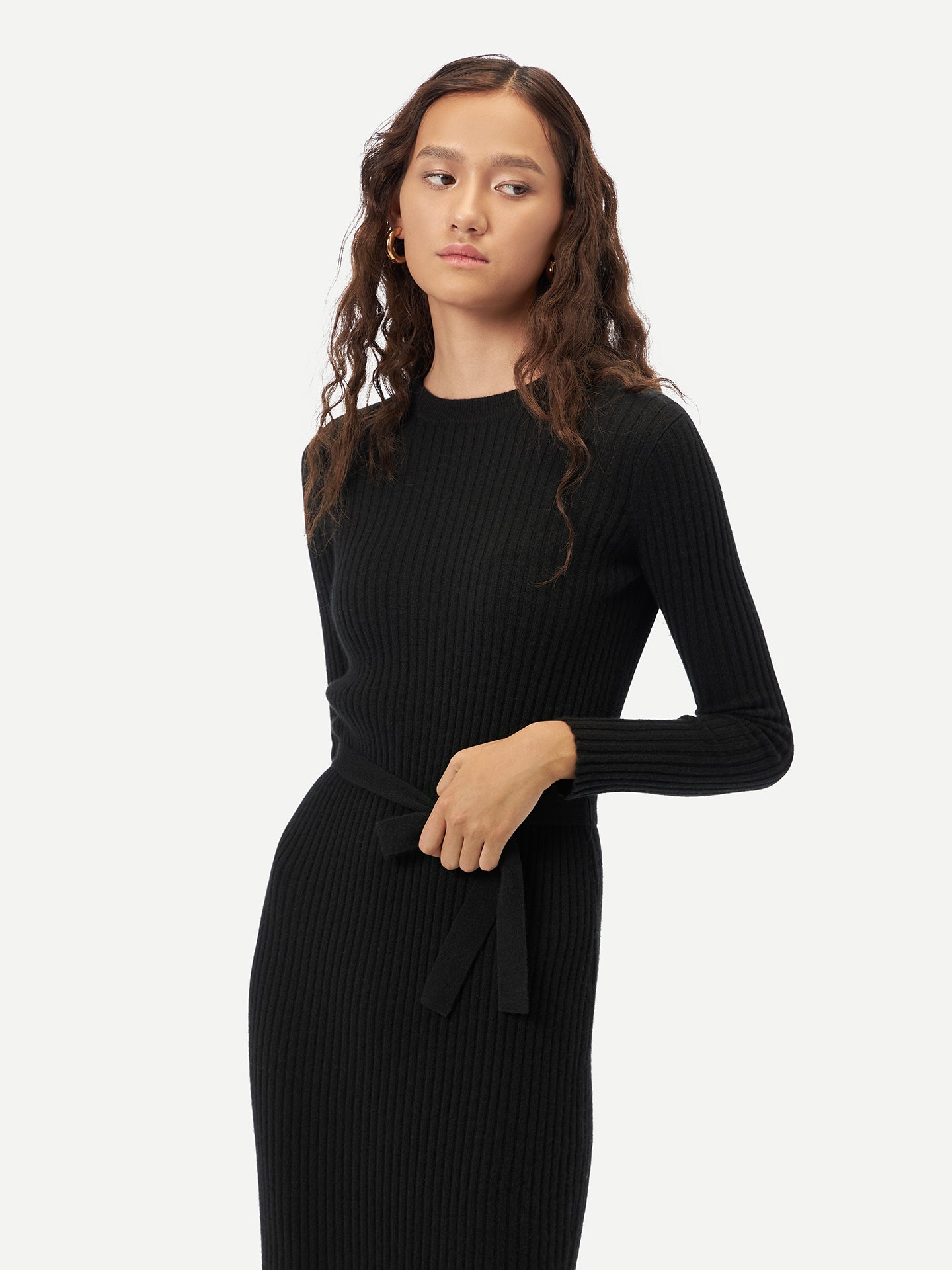 Women's Cashmere Knit Dress with Belt Black - Gobi Cashmere