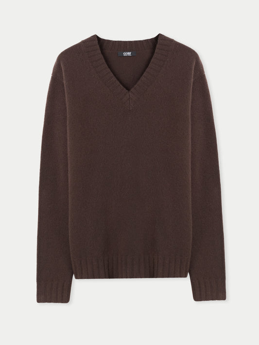Kaschmir-Rippstrick-Pullover mit V-Ausschnitt