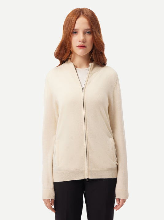 Naturfarbe Kaschmirstrickjacke mit Reißverschluss