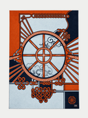 Kaschmir Schal in Soft Blue mit orangefarbenem Rad- und Knotenmuster, flach ausgebreitet, Vorderseite