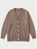 Damen Kaschmir Strickjacke in Taupe mit V-Ausschnitt, sechs Knöpfen und Rippkanten, Vorderansicht flach liegend