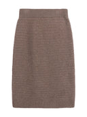 Damen Kaschmir Rock in Taupe mit horizontalem Strickmuster und breitem Rippenbund, Vorderansicht als Flatlay