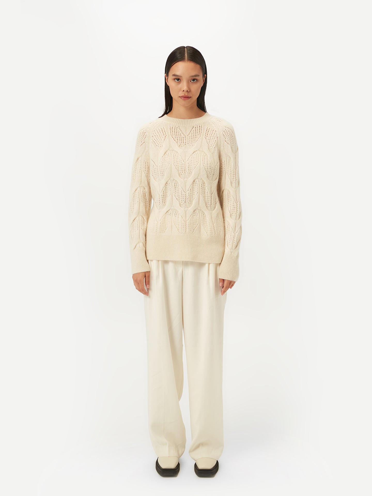 Ajour-Kaschmirpullover mit Rundhalsausschnitt