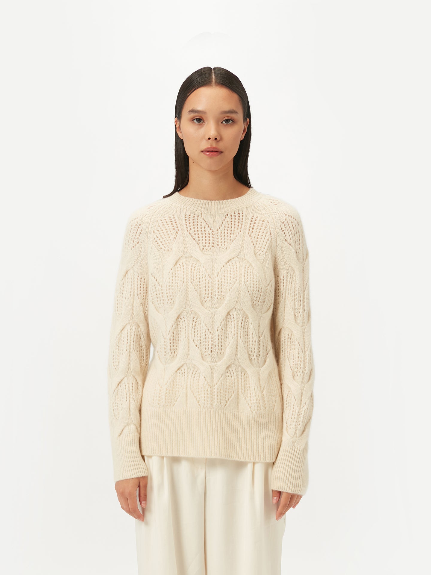 Ajour-Kaschmirpullover mit Rundhalsausschnitt