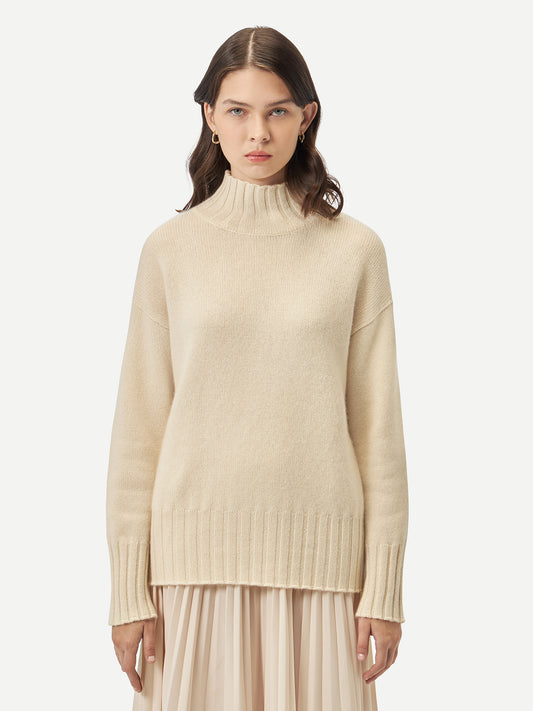 Naturfarbe Locker sitzender Kaschmirpullover mit Rollkragen