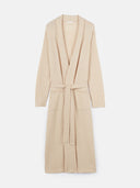 Langer Damen Kaschmir Morgenmantel in Beige mit Schalkragen, Gürtel und Vordertaschen, Vorderansicht