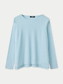 Damen Pullover mit Bootsausschnitt in Aquamarin, Vorderansicht als Flatlay mit langen Ärmeln