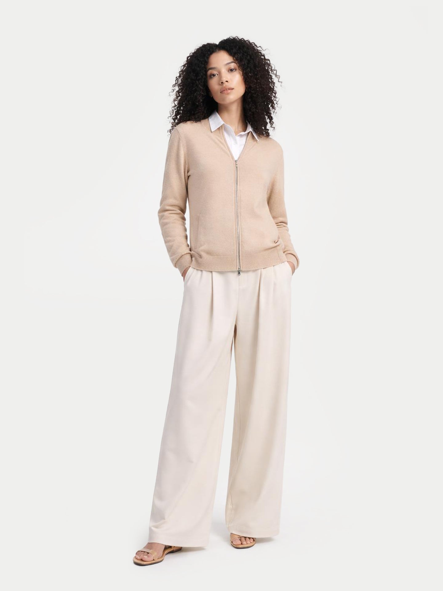 Naturfarbe Basic Kaschmirstrickjacke mit Reißverschluss