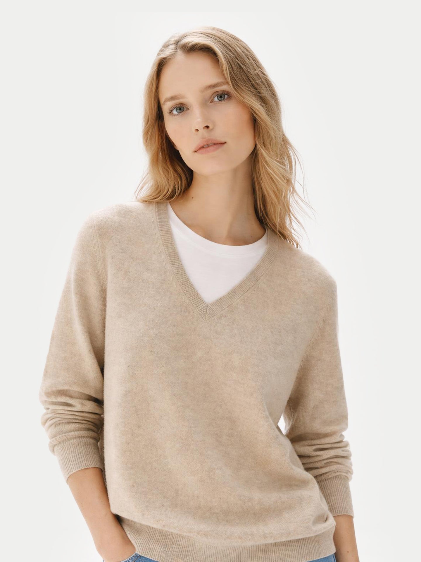 Kaschmirpullover Damen V-Ausschnitt Warmes Grau - Gobi Cashmere