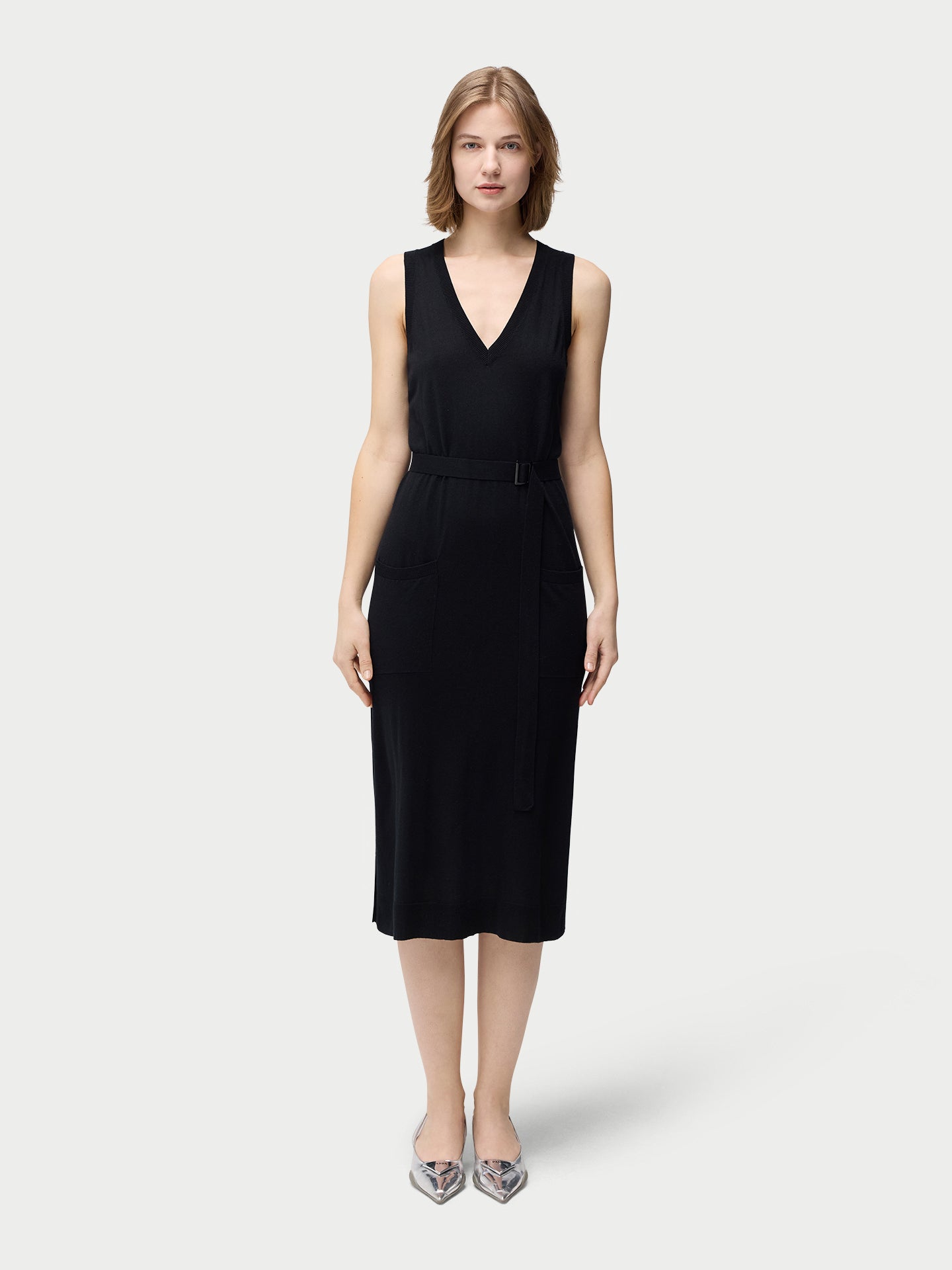 Kleid mit V-Ausschnitt aus Seide-Kaschmir