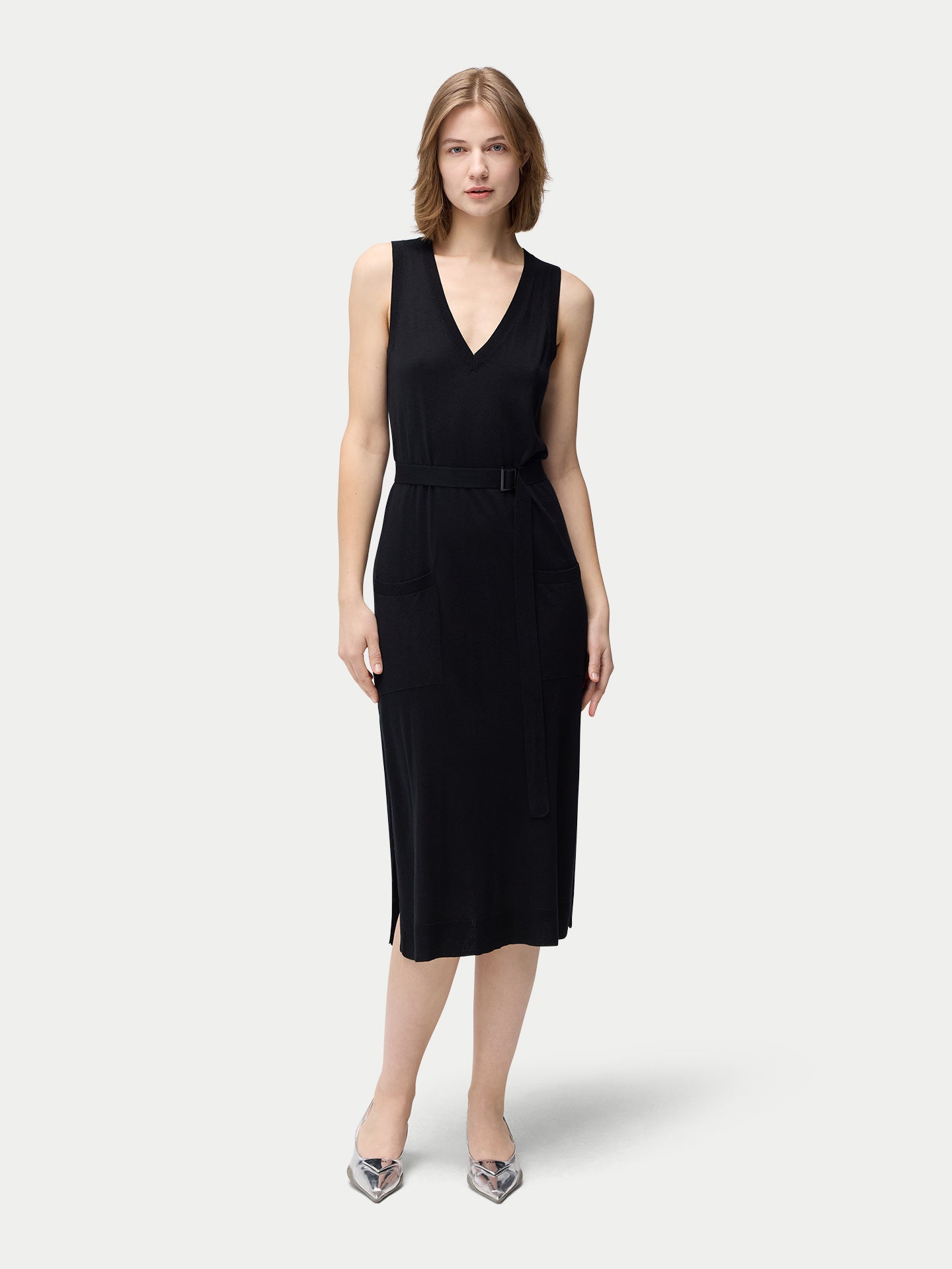 Kleid mit V-Ausschnitt aus Seide-Kaschmir
