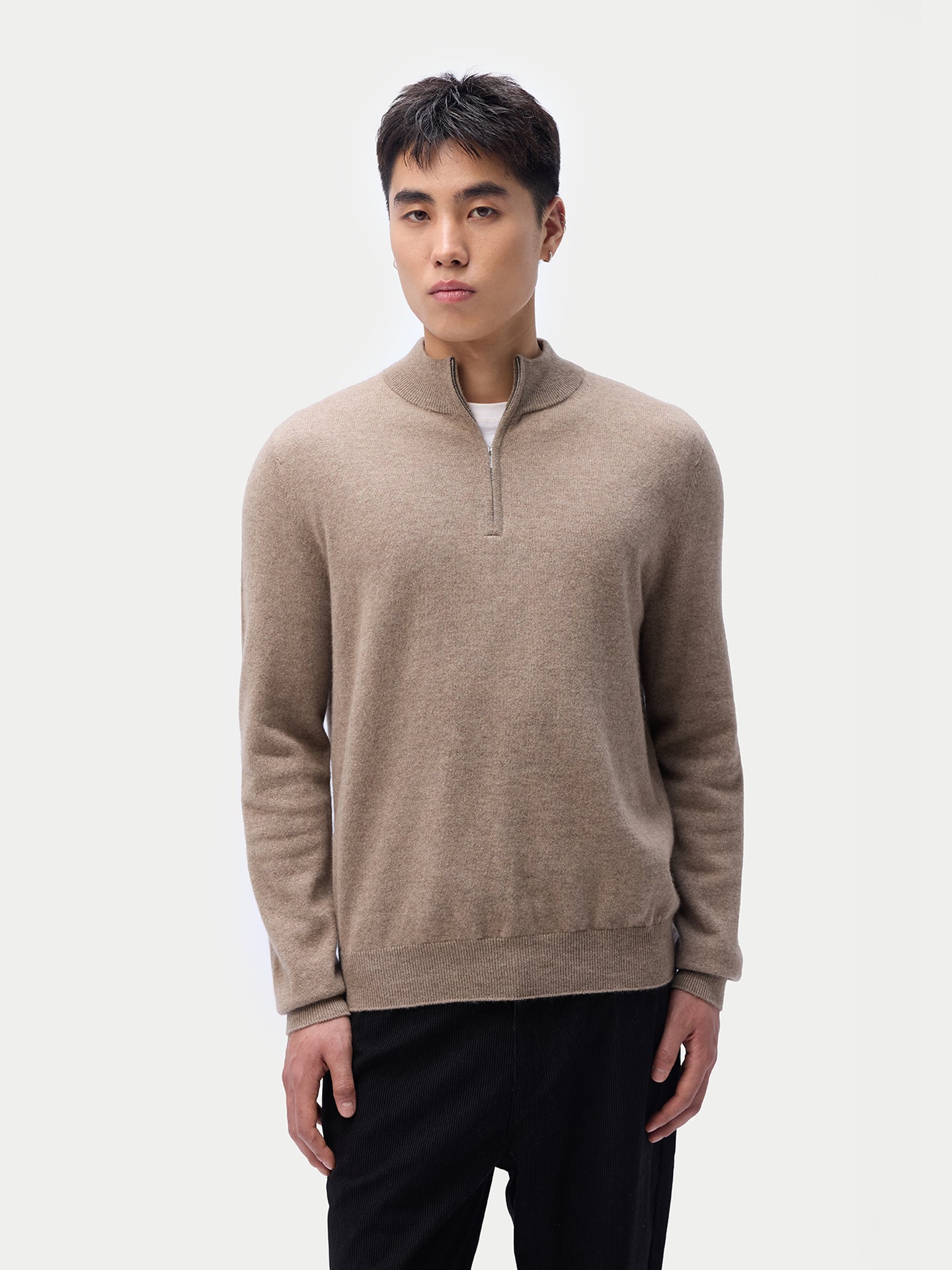 Naturfarbe Kaschmir-Pullover mit halbem Reißverschluss Taupe - Gobi Cashmere