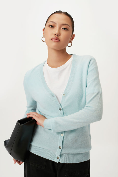 Basic V-Ausschnitt Kaschmirstrickjacke in Tender Yellow, Editorial-Foto
