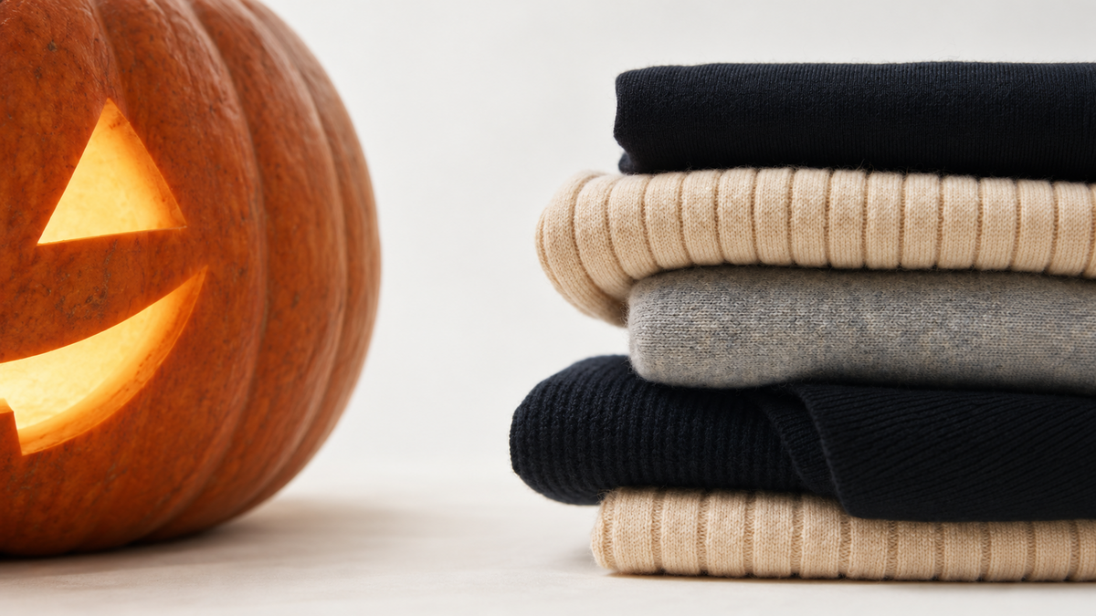 Leuchtender geschnitzter Kürbis neben einem Stapel zusammengelegter Kaschmirpullover in Marineblau, Beige und Grau