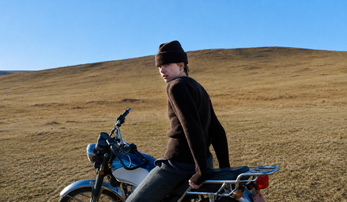 Model mit brauner Strickmütze und geripptem Kaschmirpullover auf einem Motorrad an einem goldenen Grashang unter blauem Himmel