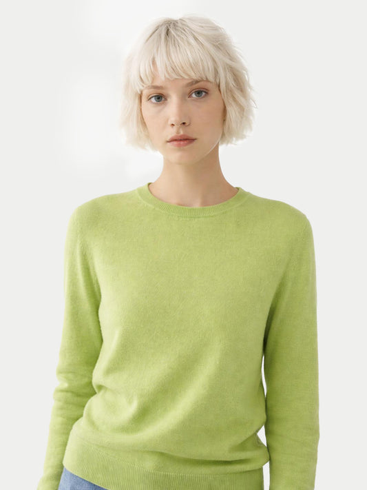 Damen Basic R-Ausschnitt Pullover Jade Limette | GOBI Cashmere