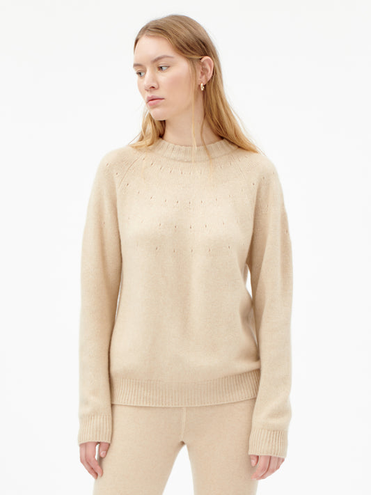 Damen Ajour Rundhalsausschnitt Aus Kaschmir Beige - Gobi Cashmere